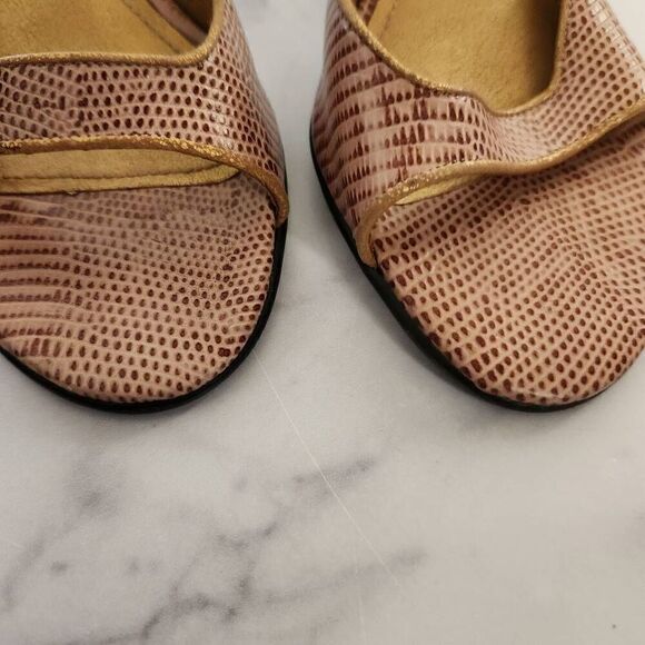 Lauren Ralph Lauren pink mauve reptilian gold bronze trim high heels open peep t - Picture 3 of 4